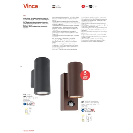 Redo 9453 - LED Lauko sieninis šviestuvas su jutikliu VINCE 2xLED/3W/230V IP54 antracitas