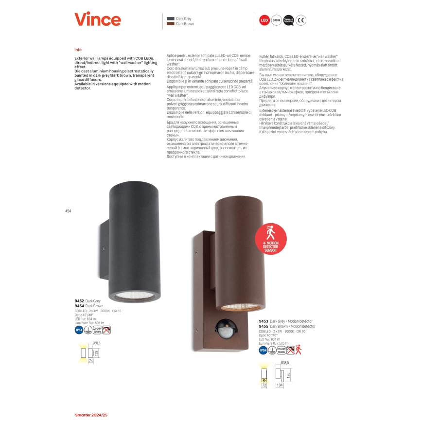Redo 9455 - LED Lauko sieninis šviestuvas su jutikliu VINCE 2xLED/3W/230V IP54 ruda
