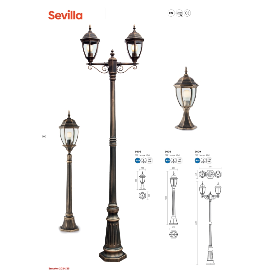 Redo 9607 - Lauko sietynas, kabinamas ant grandinės SEVILLA 1xE27/42W/230V IP44 auksas/patina