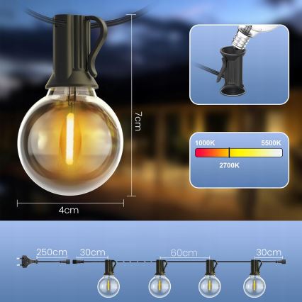 Dimeriuojama lauko LED dekoratyvinė girlianda 25xE12/1W/24/230V 17,5 m IP65 juoda + nuotolinis valdymas