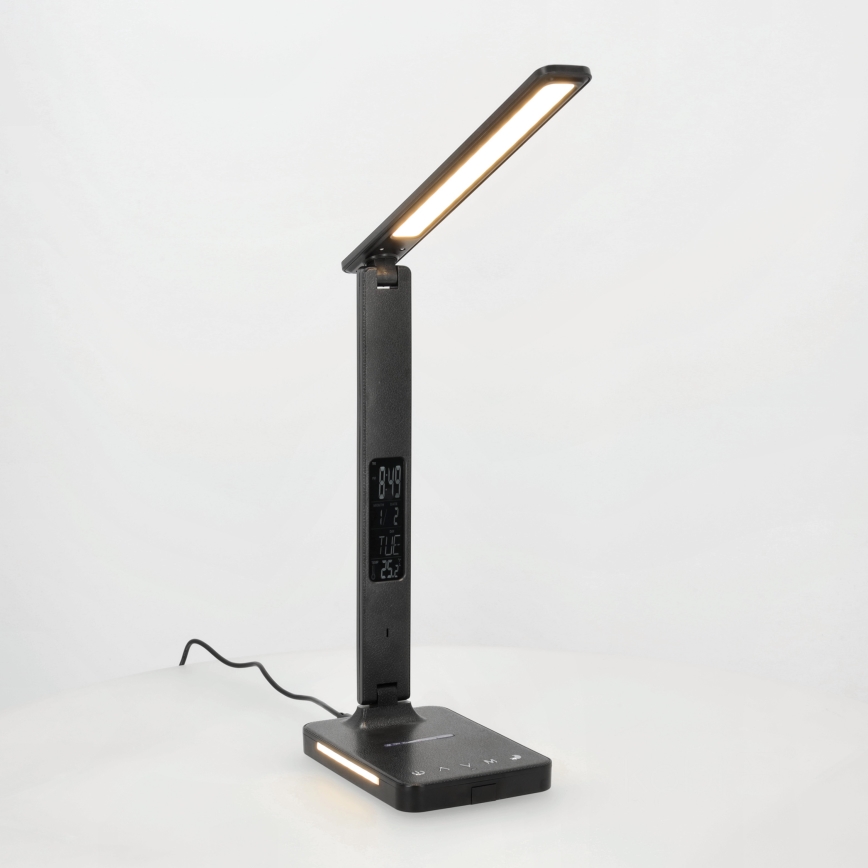 Reguliuojama LED stalinė lempa su belaidžiu įkrovimu QI, ekranas ir USB prievadas LED/7W/230V 3000-6000K juoda