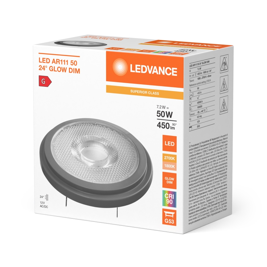 Reguliuojama LED lemputė AR111 G53/7,2W/12V 1800-2700K 24° CRI 90 - Ledvance