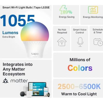 LED RGBW dimeriuojama lemputė MATTER A60 E27/8,6W/230V 2500-6500K Wi-Fi - TP-Link