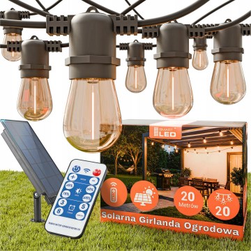 Reguliuojama LED saulės dekoratyvinė girlianda 20xE27/0,3W/3/5V USB 2400 mAh 20,62 m IP65 juoda + nuotolinis valdymas