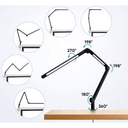 LED reguliuojama jutiklinė lanksti stalo lempa su spaustuku LED/12W/230V 3000/4000/6000K juoda