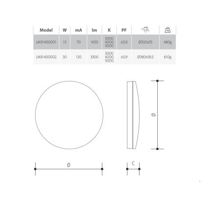 Pritemdomas LED vonios lubų šviestuvas LED/30W/230V 3000/4000/5000K skersmuo 38 cm IP54