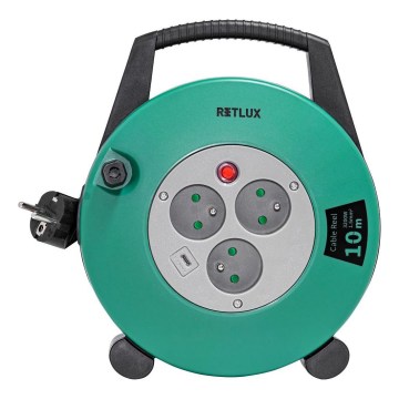 Retlux - 10 m pailgintojas ant ritės, 3 lizdai, E tipo, žalia/juoda