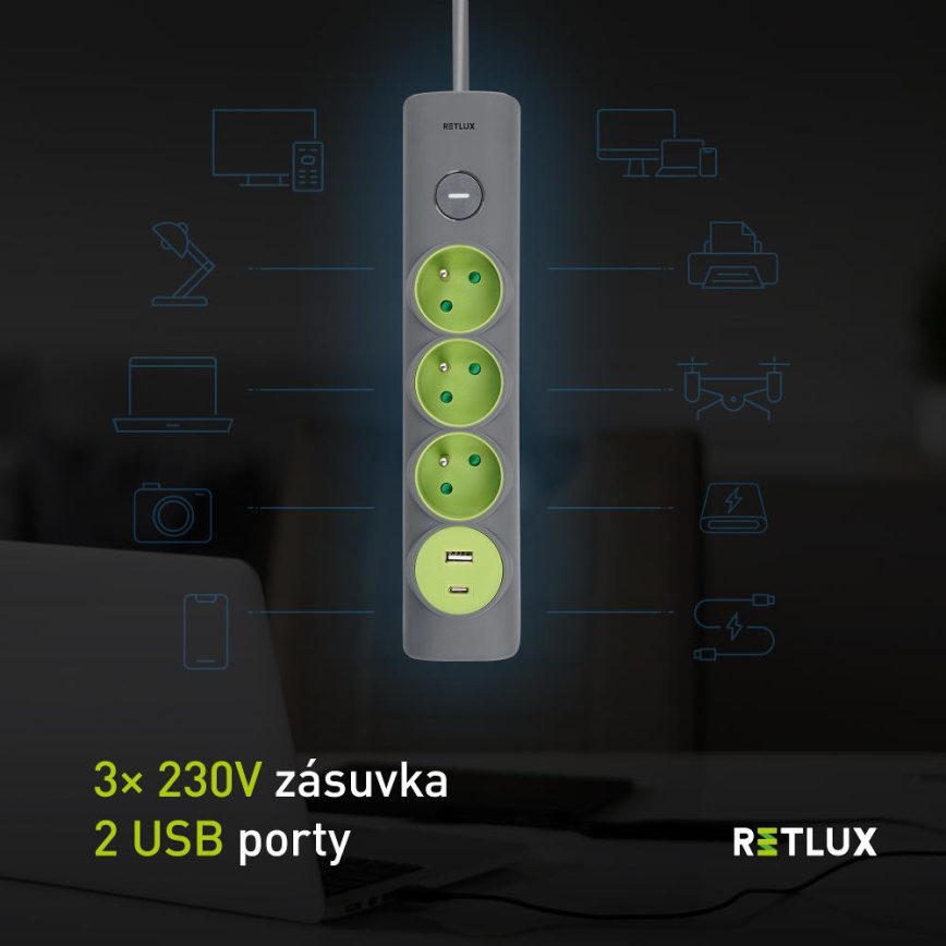 Retlux - 3 lizdų ilgiklis su jungikliu, Tipo E + 1xUSB-A + 1xUSB-C, 1,4 m, pilkas