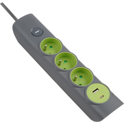 Retlux - 3 lizdų ilgiklis su jungikliu, Tipo E + 1xUSB-A + 1xUSB-C, 1,4 m, pilkas