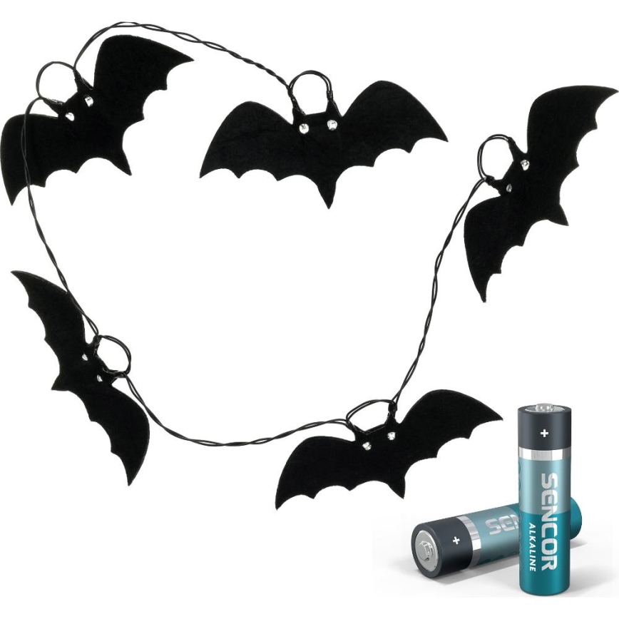 Dekoratyvinė LED grandinė HALLOWEEN 10xLED/2xAA/šilta balta 1,3m šikšnosparniai