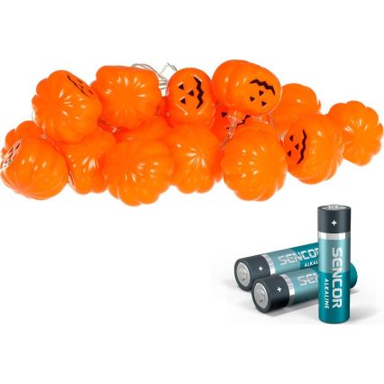Dekoratyvinė LED grandinė HALLOWEEN 20xLED/3xAA/šilta balta 3,3m moliūgai