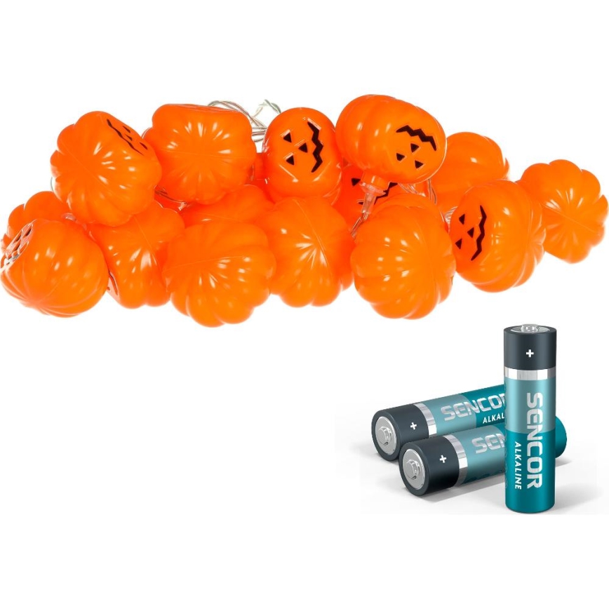 Dekoratyvinė LED grandinė HALLOWEEN 20xLED/3xAA/šilta balta 3,3m moliūgai