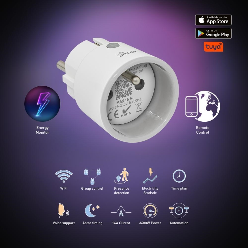 Išmanus kištukas 3680W/230V/Tipas E/16A Wi-Fi Tuya