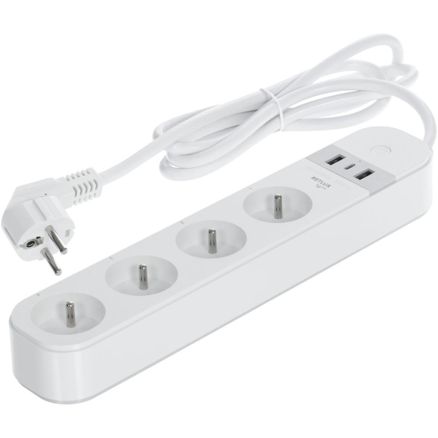 Išmanus prailginimo laidas su jungikliu 4Z Tipas E + 2x USB-A + 1x USB-C 1,5m Wi-Fi Tuya balta