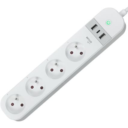 Išmanus prailginimo laidas su jungikliu 4Z Tipas E + 2x USB-A + 1x USB-C 1,5m Wi-Fi Tuya balta
