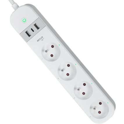 Išmanus prailginimo laidas su jungikliu 4Z Tipas E + 2x USB-A + 1x USB-C 1,5m Wi-Fi Tuya balta