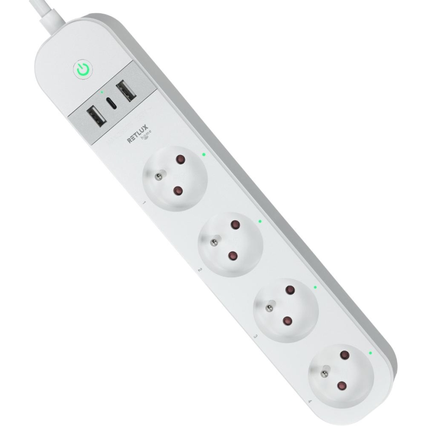 Išmanus prailginimo laidas su jungikliu 4Z Tipas E + 2x USB-A + 1x USB-C 1,5m Wi-Fi Tuya balta