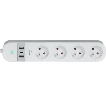Išmanus prailginimo laidas su jungikliu 4Z Tipas E + 2x USB-A + 1x USB-C 1,5m Wi-Fi Tuya balta
