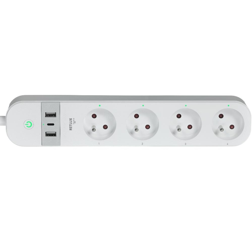 Išmanus prailginimo laidas su jungikliu 4Z Tipas E + 2x USB-A + 1x USB-C 1,5m Wi-Fi Tuya balta