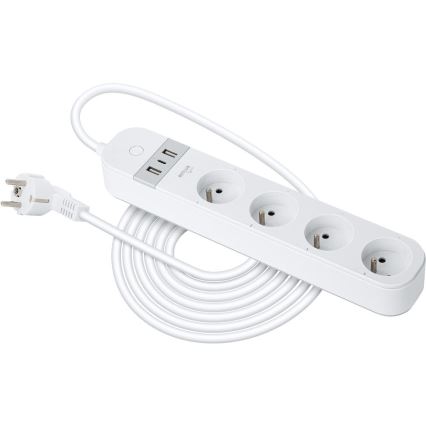 Išmanus prailginimo laidas su jungikliu 4Z Tipas E + 2x USB-A + 1x USB-C 1,5m Wi-Fi Tuya balta
