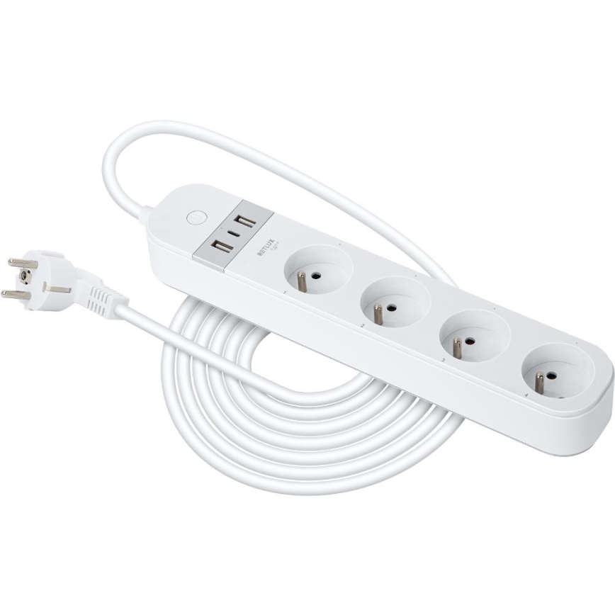 Išmanus prailginimo laidas su jungikliu 4Z Tipas E + 2x USB-A + 1x USB-C 1,5m Wi-Fi Tuya balta