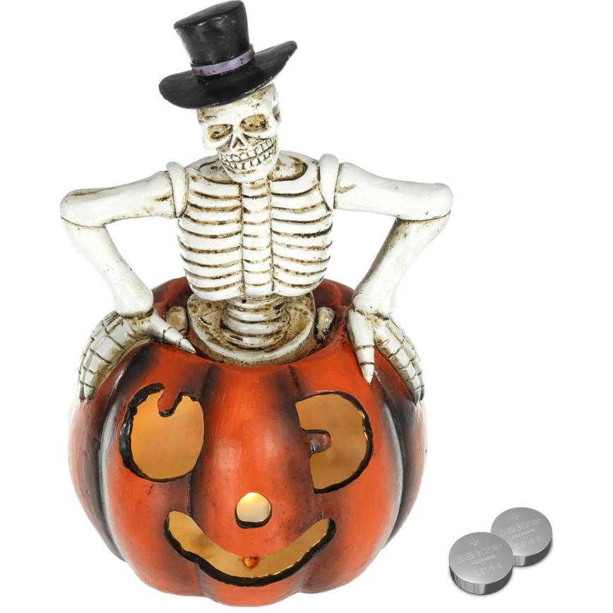 LED Dekoracija HALLOWEEN LED/2xLR44/šilta balta skeletas moliūge derva