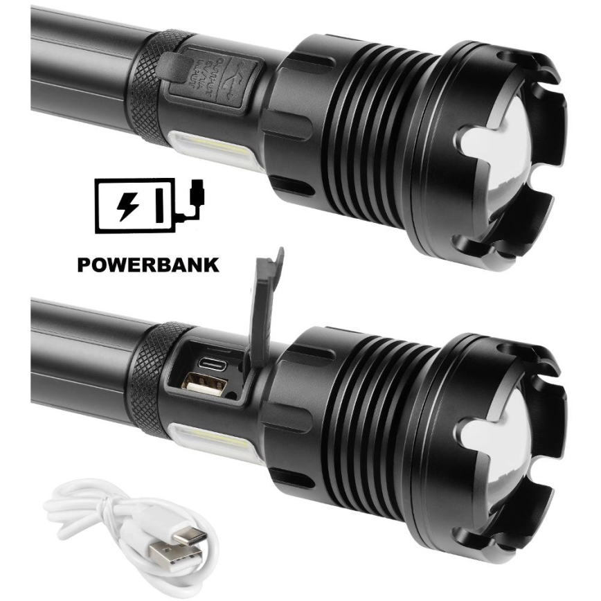 LED Įkraunamas aliuminio žibintuvėlis su maitinimo bloko funkcija LED/4400 mAh 2200 lm IP44