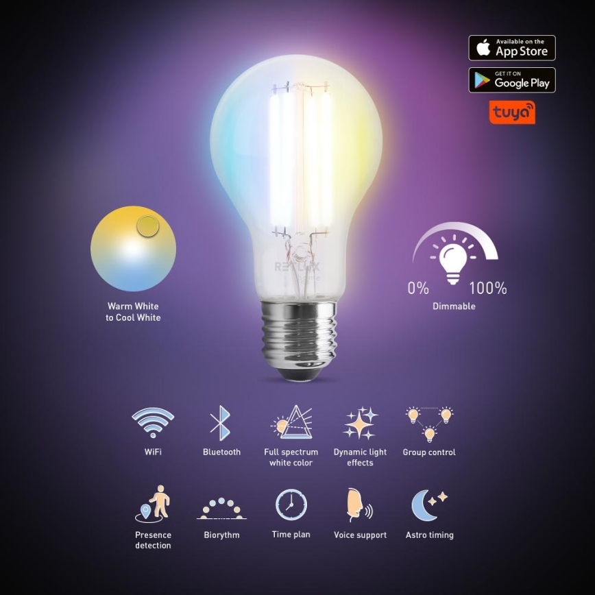 LED pritemdoma elektros lemputė FILAMENT A60 E27/7W/230V 2700-6500K Wi-Fi Tuya