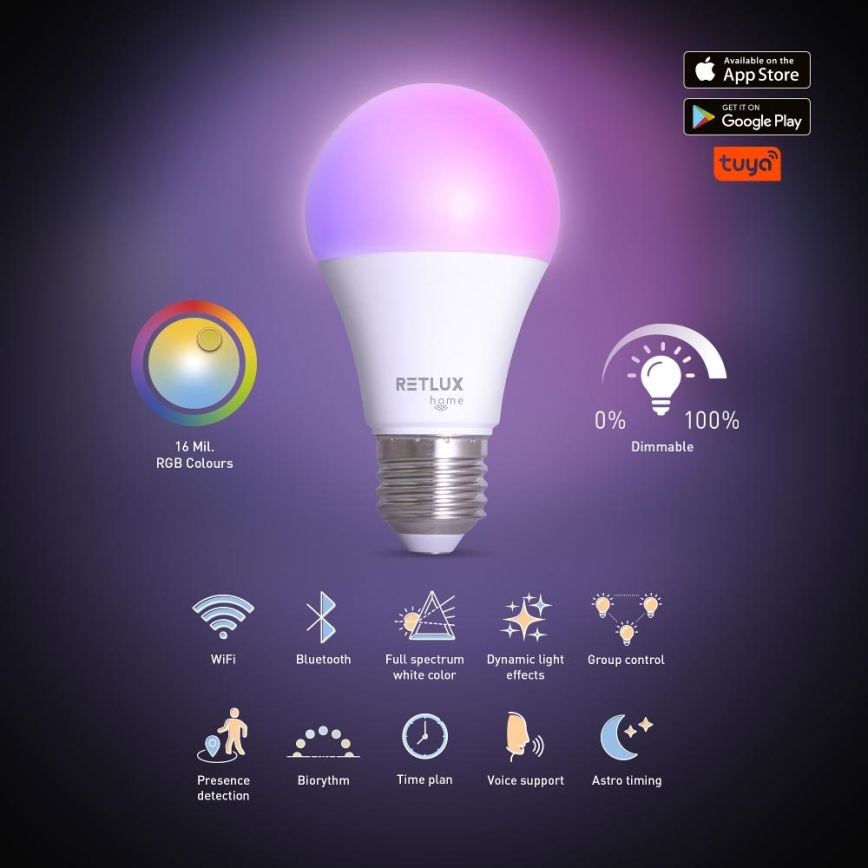 LED RGBW Reguliuojama lemputė A60 E27/9W/230V 2700-6500K Wi-Fi Tuya
