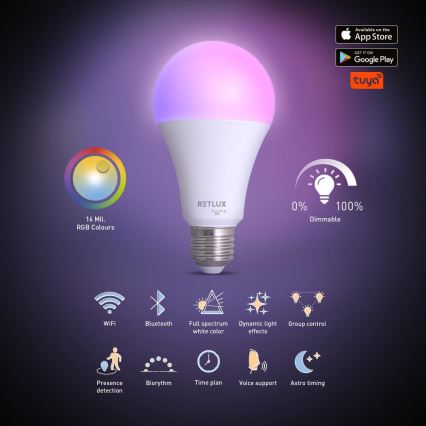 LED RGBW Reguliuojama lemputė A70 E27/14W/230V 2700-6500K Wi-Fi Tuya