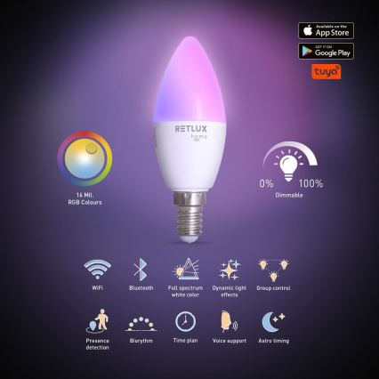 LED RGBW reguliuojama lemputė C37 E14/4,5W/230V 2700-6500K Wi-Fi Tuya