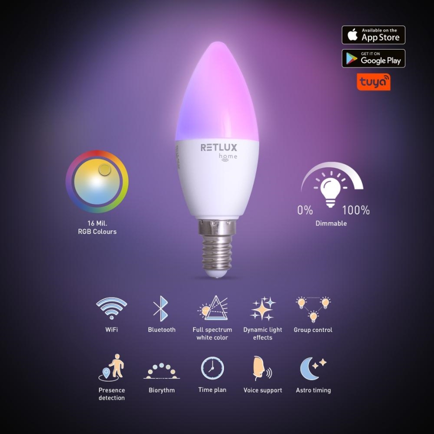 LED RGBW reguliuojama lemputė C37 E14/4,5W/230V 2700-6500K Wi-Fi Tuya