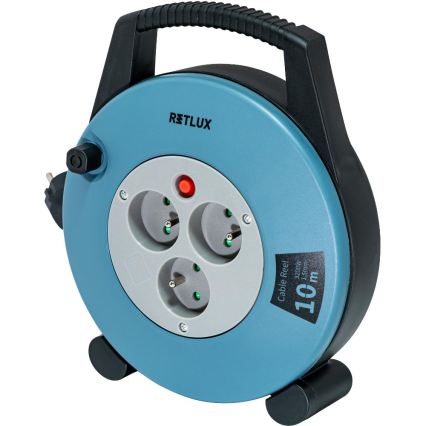 Retlux - pratęsimo laidas ant ritės su 3 lizdais, E tipo, 10 m, mėlynas/juodas