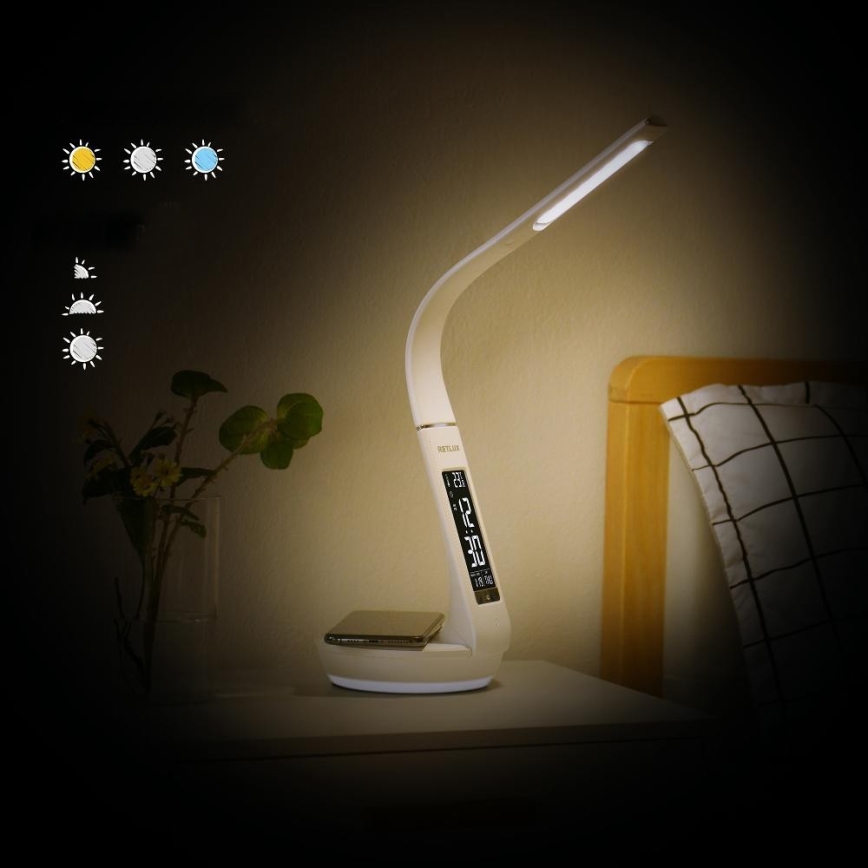 Reguliuojama LED stalinė lempa su belaidžiu įkrovimu Qi 5W ir ekranas LED/6W/230V 3000/4000/6000K balta