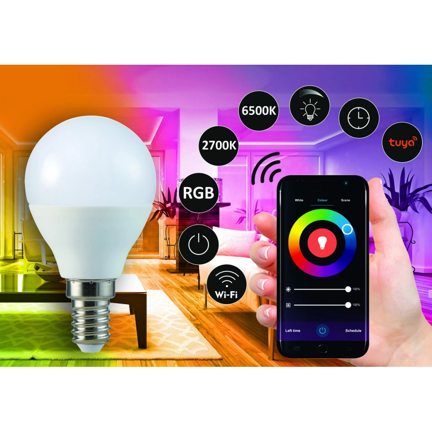 RGB LED pritemdoma elektros lemputė G45 E14/5,5W/230V 3000-6500K Wi-fi Tuya