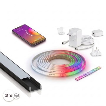 Rinkinys: 1 vnt. LED RGBW dimeriuojama juosta Philips Hue WHITE AND COLOR AMBIANCE LED/20W/230V, 2 m + 2 vnt. įleidžiamų profilių po 1 m, juoda/balta
