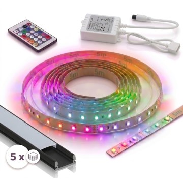 Rinkinys: 1x dimeriuojama LED juosta RGBW DIGITAL LED/16,5W/230V 5 m + 5x įleidžiamas profilis 1 m juodas/baltas + nuotolinis valdymas