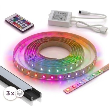 Rinkinys 1x Dimeriuojama LED RGBW juosta DIGITAL LED/9,6W/230V 3 m + 3x įleidžiamas profilis 1 m juodas/baltas + nuotolinis valdymas
