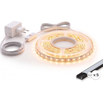 Rinkinys 1x LED juosta MYLIVING LIGHTSTRIP LED/22W/230V 5 m + 5x įleidžiamas profilis 1 m juoda/balta