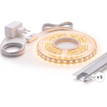Rinkinys 1x LED juosta MYLIVING LIGHTSTRIP LED/22W/230V, 5 m + 5x įleidžiamas profilis, 1 m, sidabrinė/balta