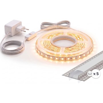 RINKINYS 1x LED juosta MYLIVING LIGHTSTRIP LED/22W/230V 5 m + 5x įleidžiamas profilis po 1 m sidabrinis/baltas