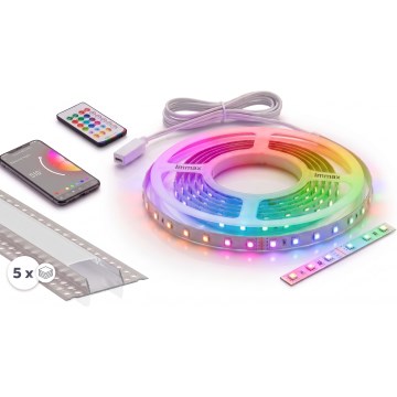 RINKINYS 1x LED RGBW reguliuojama juosta NEO LITE MUSIC LED/24W/230V 5 m IP65 Wi-Fi Tuya + 5x įleidžiamas profilis 1 m sidabrinis/baltas + nuotolinio valdymo pultas