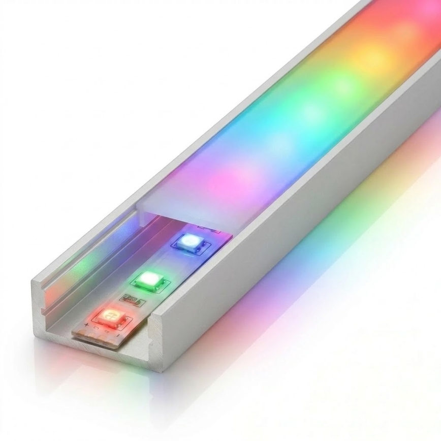 Komplektas 1x LED RGBW reguliuojamo ryškumo juosta DIGITAL LED/16,5W/230V 5 m + 5x įleidžiamas profilis 1 m sidabrinis/baltas + nuotolinio valdymo pultas