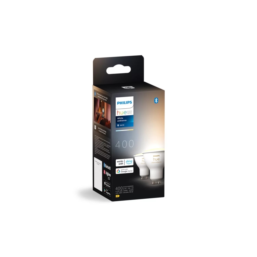 Komplektas (2 vnt.) — dimeriuojamos Philips Hue White Ambiance GU10 LED lemputės, 4,2W / 230V, 2200–6500K + Hue Bridge