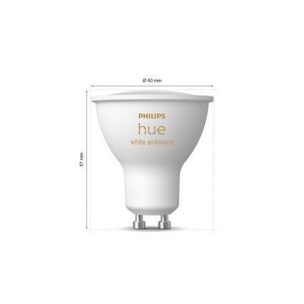 Komplektas (2 vnt.) — dimeriuojamos Philips Hue White Ambiance GU10 LED lemputės, 4,2W / 230V, 2200–6500K + Hue Bridge