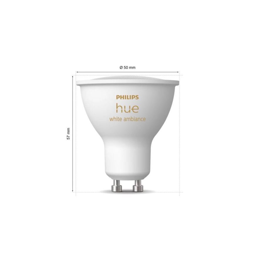Komplektas (2 vnt.) — dimeriuojamos Philips Hue White Ambiance GU10 LED lemputės, 4,2W / 230V, 2200–6500K + Hue Bridge