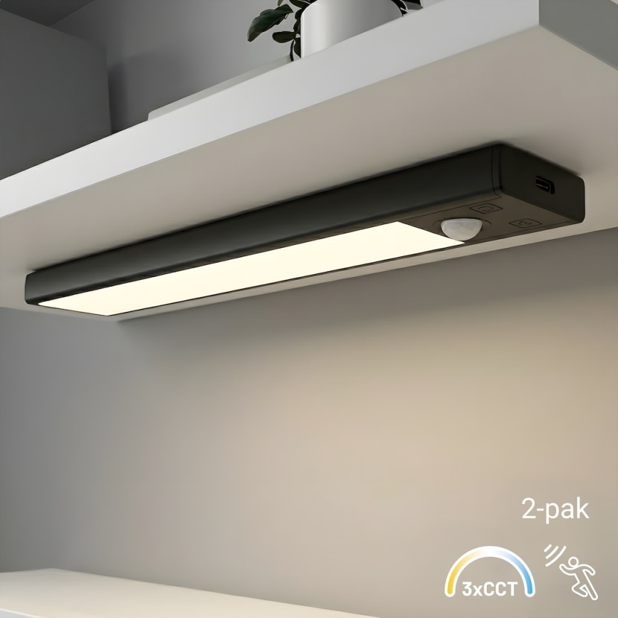 Rinkinys 2x Įkraunamas LED baldų apšvietimas su judesio ir sutemos jutikliu VIRO LED/1W/3,7V 800 mAh 3000/4000/6500K 20 cm juoda
