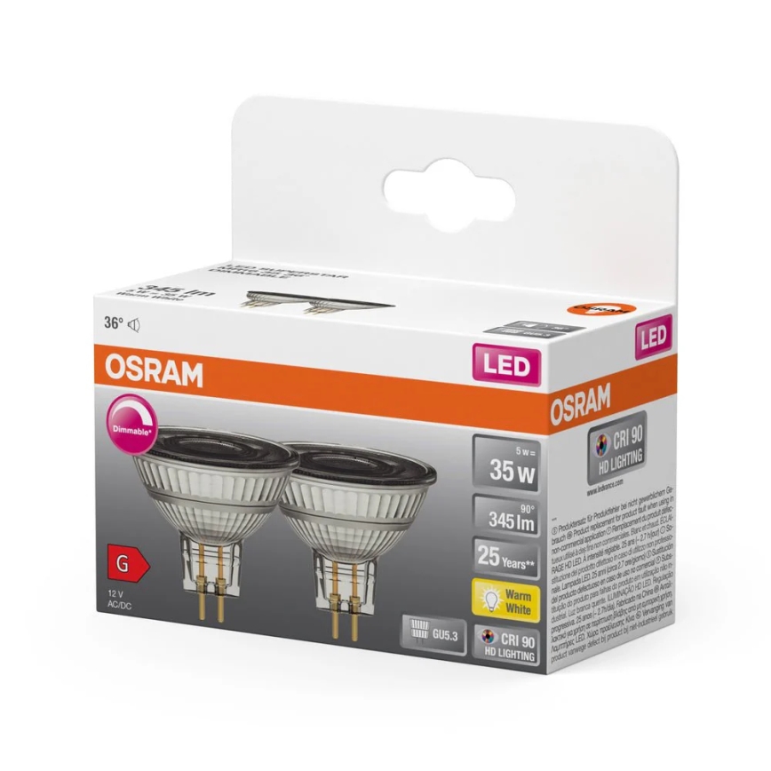 Rinkinys 2x LED pritemdoma reflektorinė lemputė MR16 GU5,3/5W/12V 2700K 36° CRI 90 - Osram