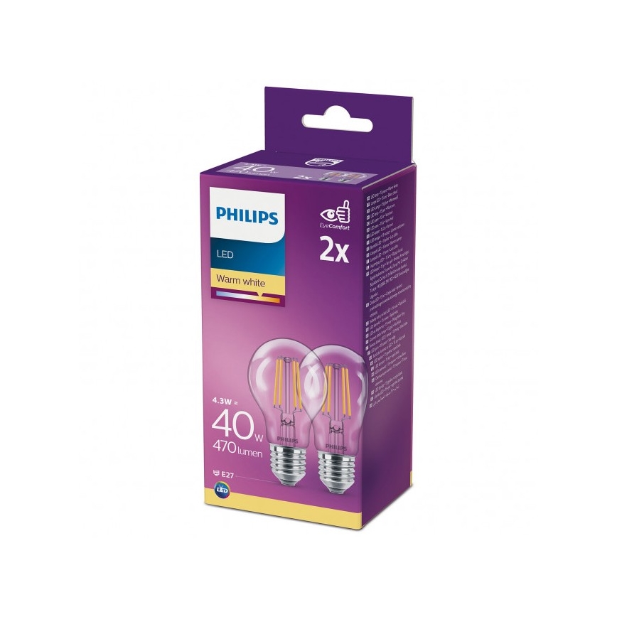 RINKINYS 2x LED Lemputė VINTAGE Philips A60 E27/4,3W/230V 2700K