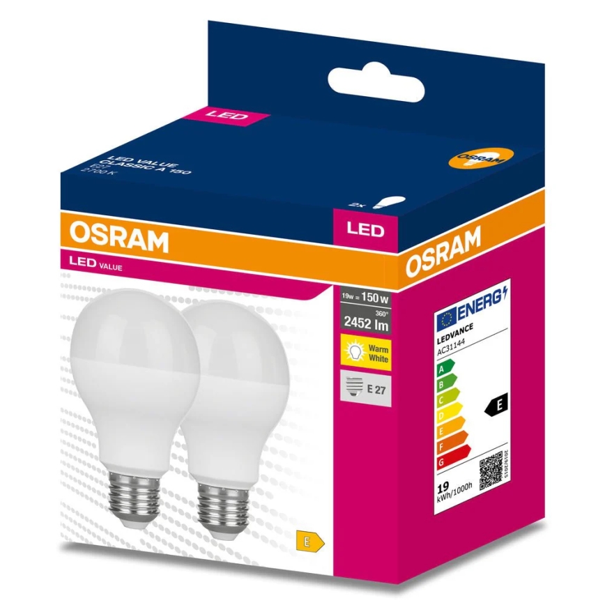 Rinkinys 2x LED lemputės VALUE CLASSIC E27/19W/230V 2700K - Osram